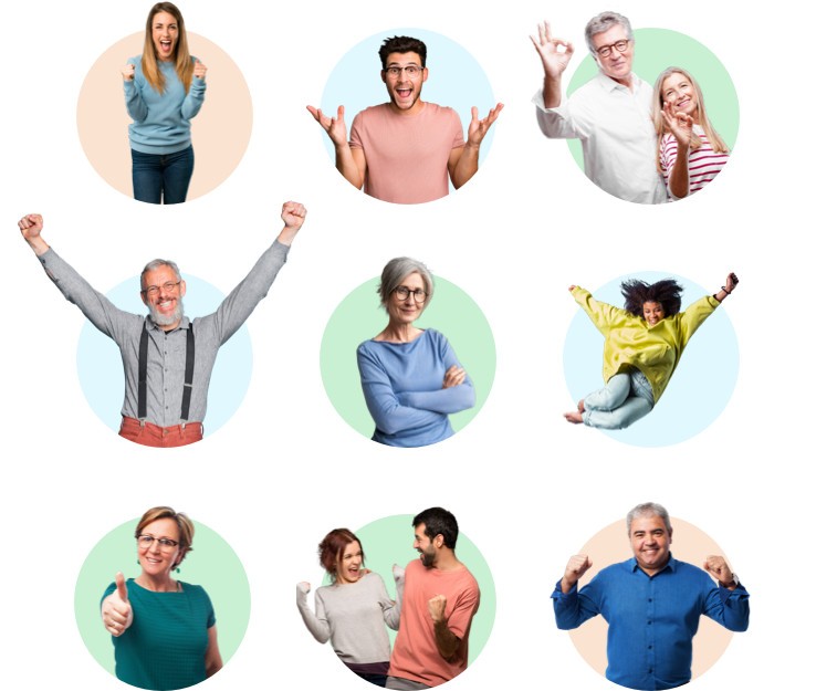 Mosaico de personas haciendo gestos de satisfacción